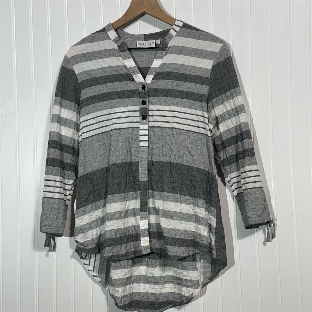 Habitat Striped Tunic Top S Gray White Cotton Artsy Lagom Lagenlook Minimalist